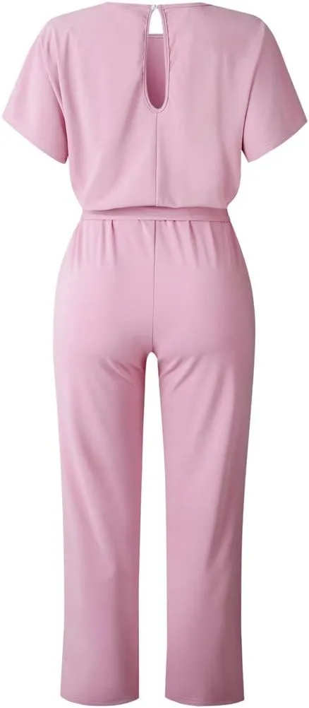 HIUARA Jumpsuits for Women Casual Loose Batwing Sleeve Belted Playsuit Short Sleeve Romper Wide Leg Pant One Piece Romper