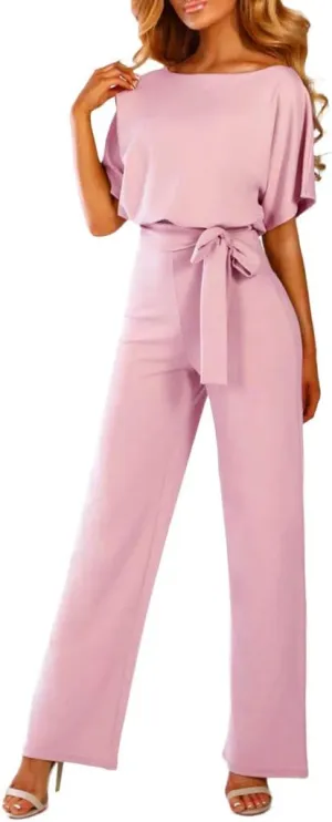 HIUARA Jumpsuits for Women Casual Loose Batwing Sleeve Belted Playsuit Short Sleeve Romper Wide Leg Pant One Piece Romper