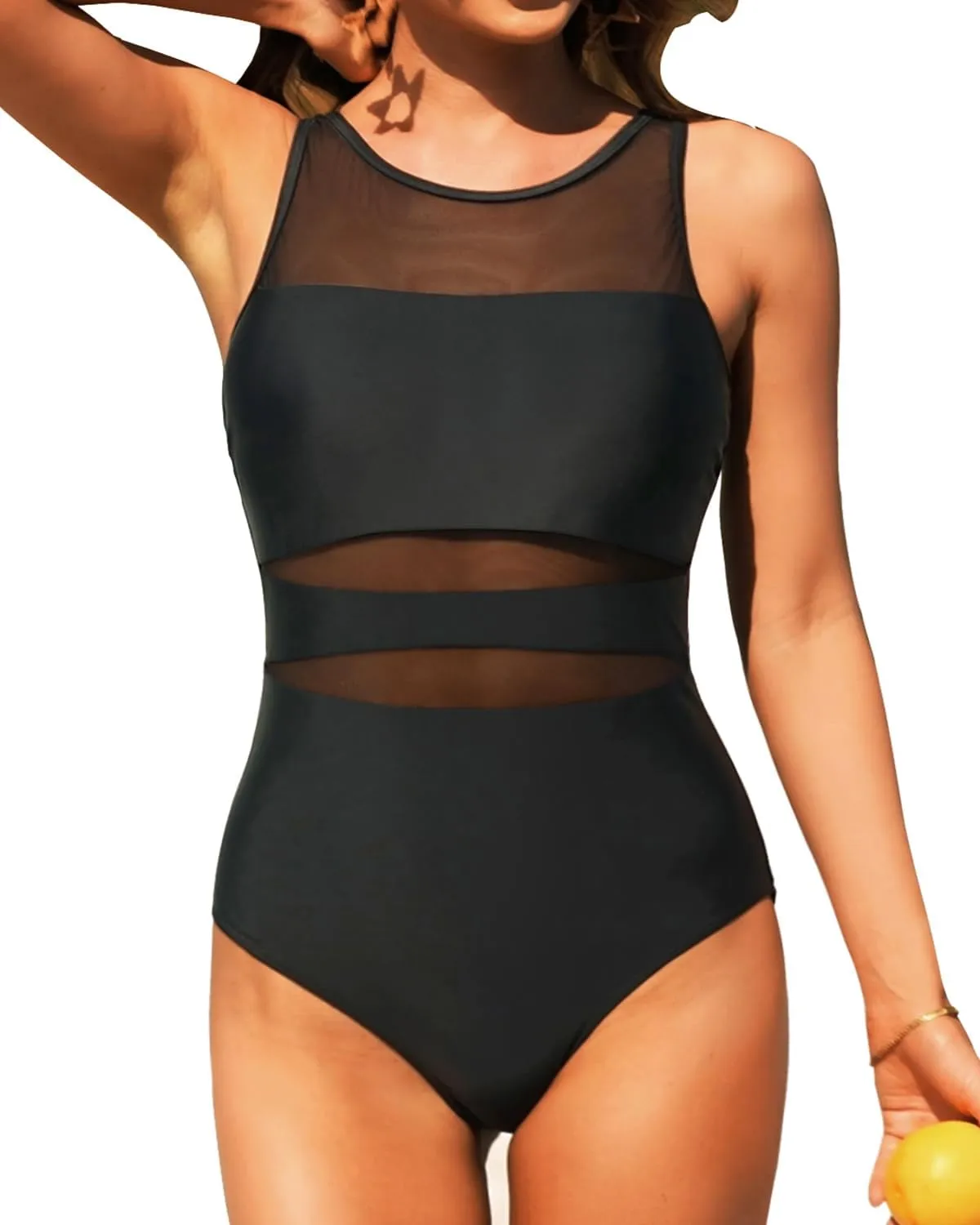 Holipick Women High Neck One Piece Mesh Swimsuits Full Coverage Bathing Suits Slimming Swimwear