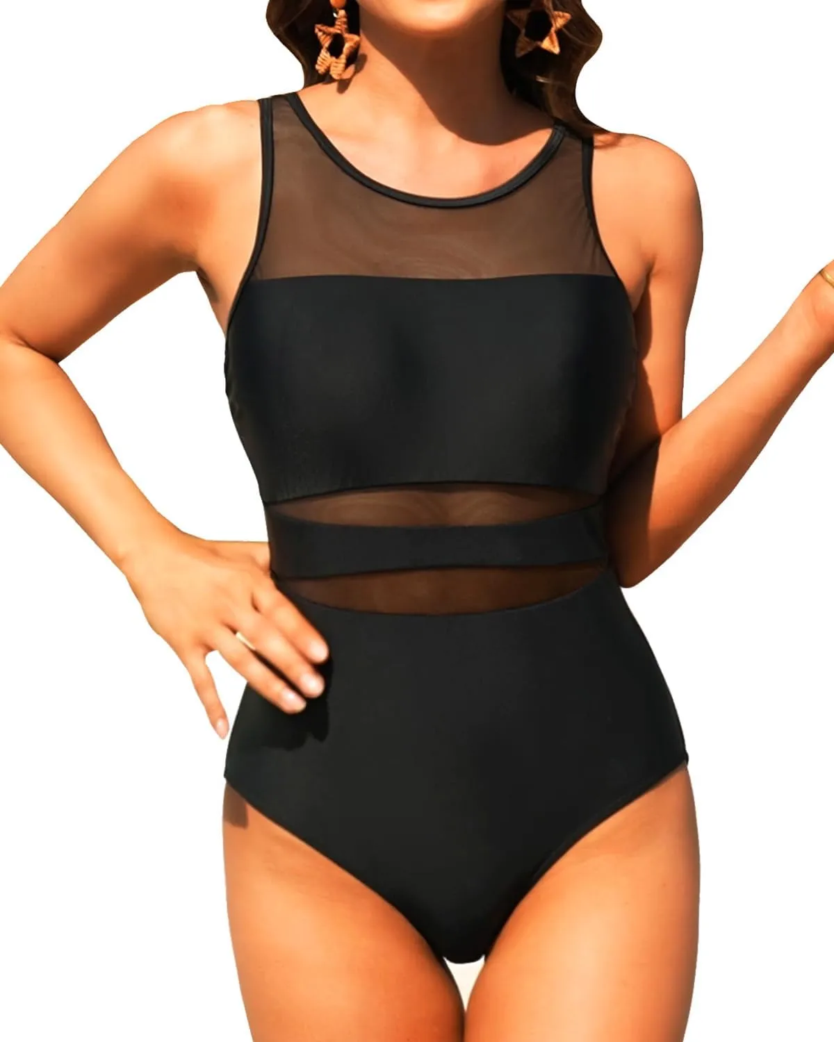 Holipick Women High Neck One Piece Mesh Swimsuits Full Coverage Bathing Suits Slimming Swimwear