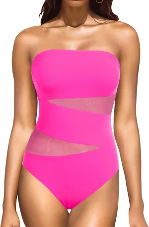 Holipick Women Strapless One Piece Swimsuit Tummy Control Bandeau Bathing Suit Mesh Cutout Swimwear