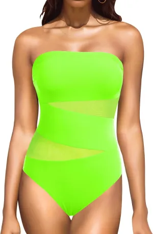 Holipick Women Strapless One Piece Swimsuit Tummy Control Bandeau Bathing Suit Mesh Cutout Swimwear