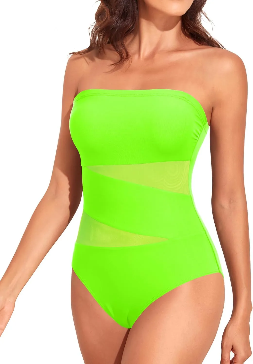Holipick Women Strapless One Piece Swimsuit Tummy Control Bandeau Bathing Suit Mesh Cutout Swimwear
