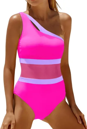 Holipick Women's One Shoulder One Piece Swimsuit Cutout Bathing Suits Mesh Slimming Swimwear for Teen Girls