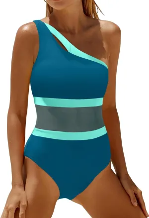 Holipick Women's One Shoulder One Piece Swimsuit Cutout Bathing Suits Mesh Slimming Swimwear for Teen Girls
