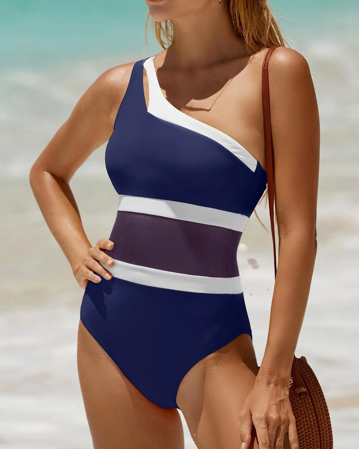Holipick Women's One Shoulder One Piece Swimsuit Cutout Bathing Suits Mesh Slimming Swimwear for Teen Girls