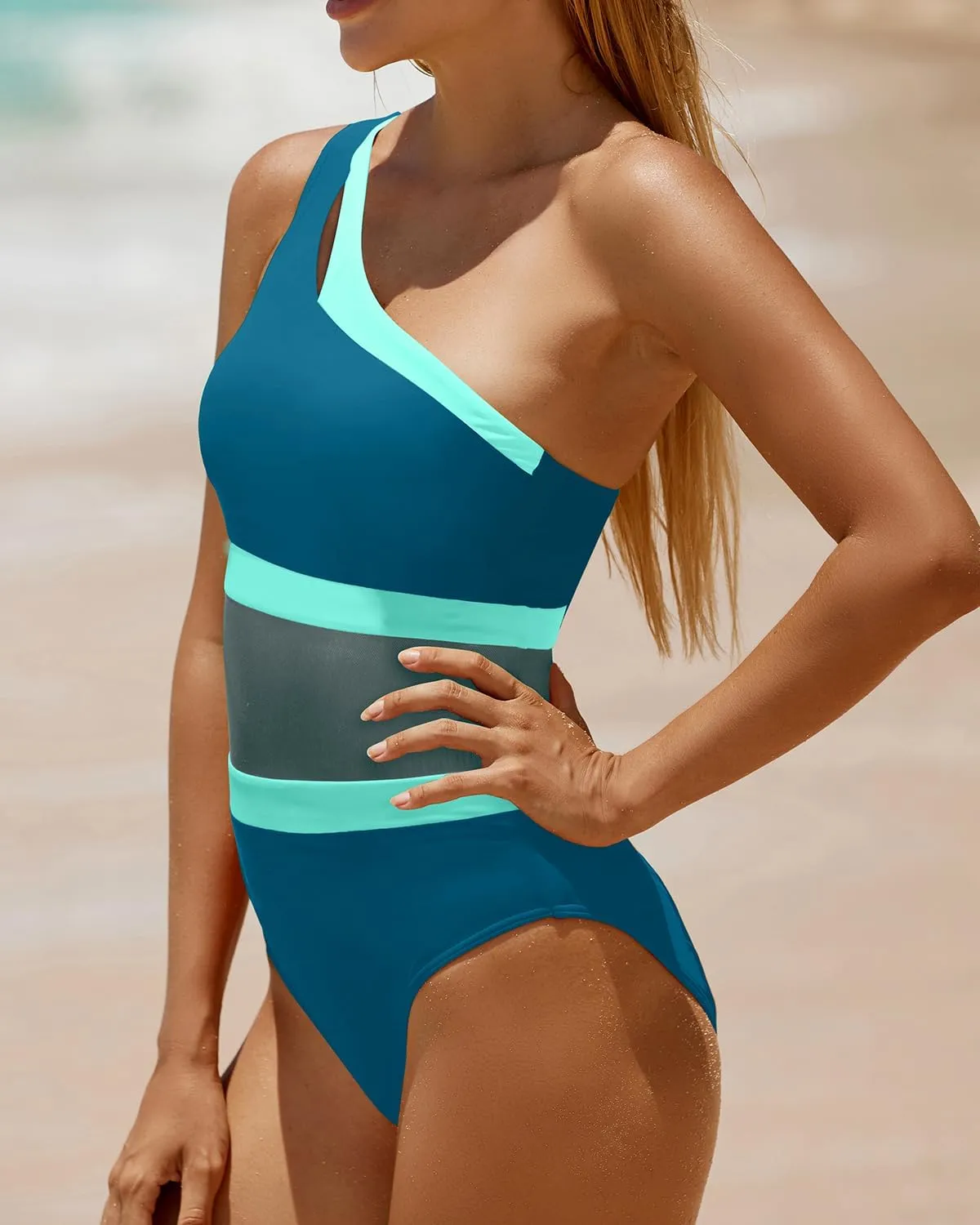 Holipick Women's One Shoulder One Piece Swimsuit Cutout Bathing Suits Mesh Slimming Swimwear for Teen Girls