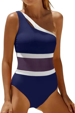 Holipick Women's One Shoulder One Piece Swimsuit Cutout Bathing Suits Mesh Slimming Swimwear for Teen Girls