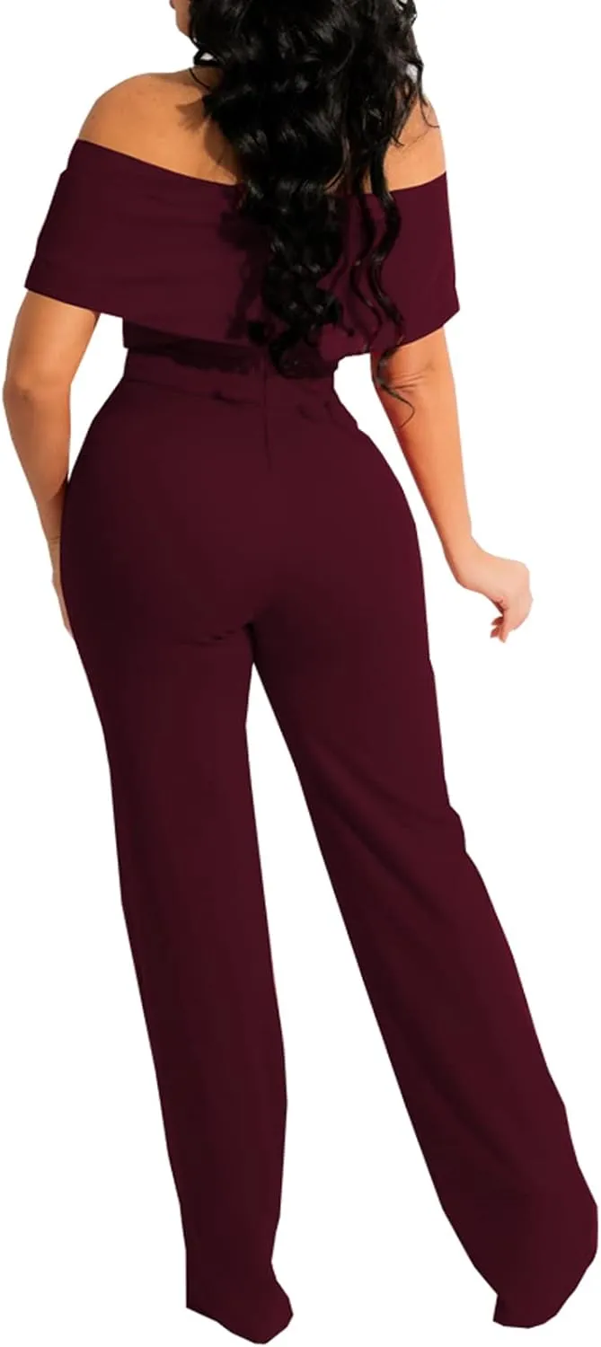 HugeNice Women's Sexy Off Shoulder Ruffle Jumpsuits Elegant Wide Leg Long Pants Clubwear Rompers with Pockets