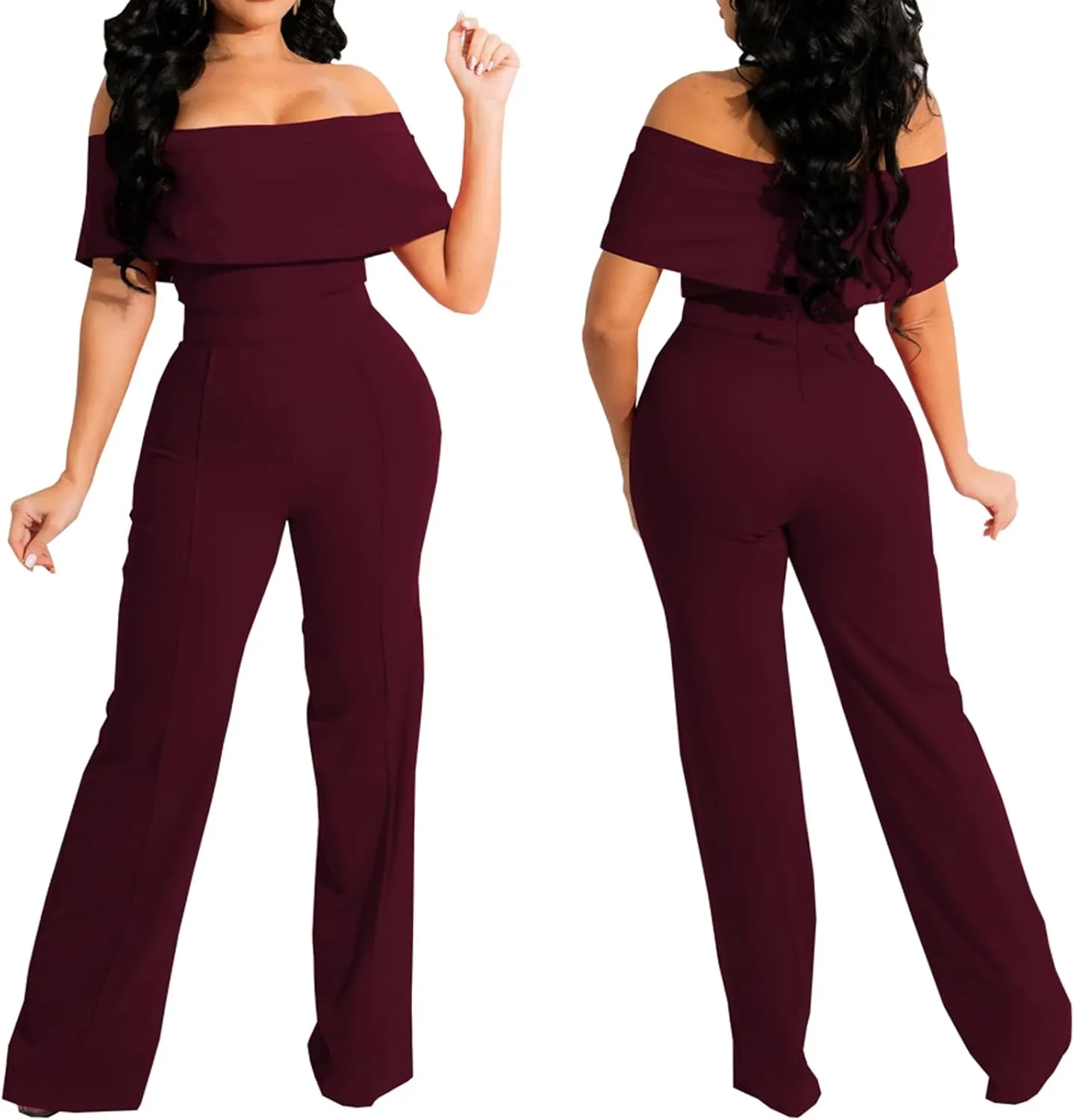 HugeNice Women's Sexy Off Shoulder Ruffle Jumpsuits Elegant Wide Leg Long Pants Clubwear Rompers with Pockets