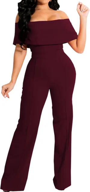 HugeNice Women's Sexy Off Shoulder Ruffle Jumpsuits Elegant Wide Leg Long Pants Clubwear Rompers with Pockets