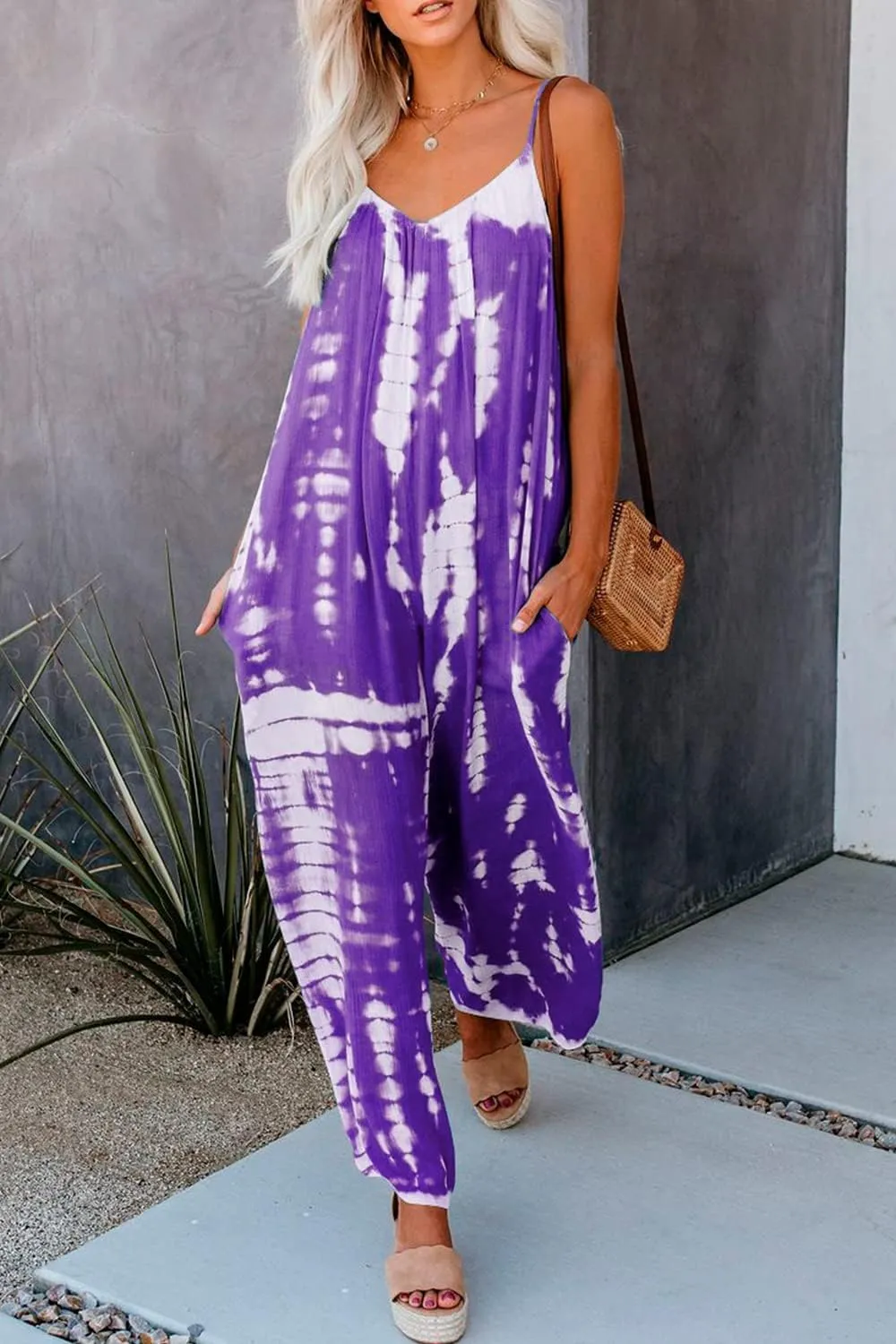 HVEPUO Spaghetti Strap Bohemian Summer Jumpsuits for Women Tie Dye Pant Rompers Casual Loose Plus Size Jumpers with Pockets