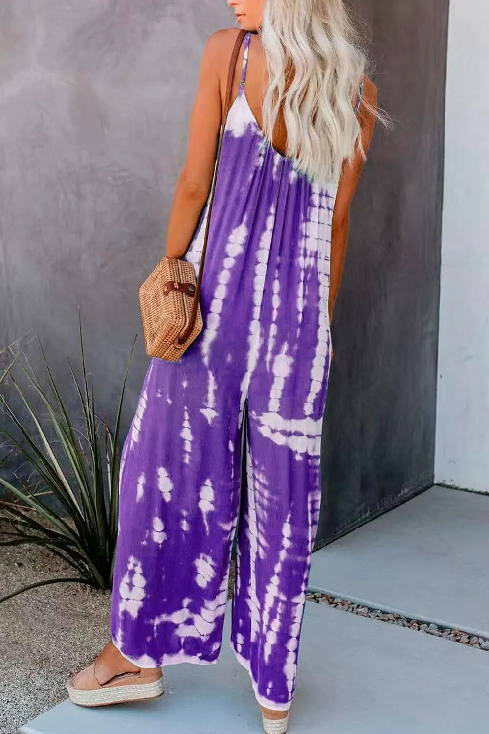 HVEPUO Spaghetti Strap Bohemian Summer Jumpsuits for Women Tie Dye Pant Rompers Casual Loose Plus Size Jumpers with Pockets