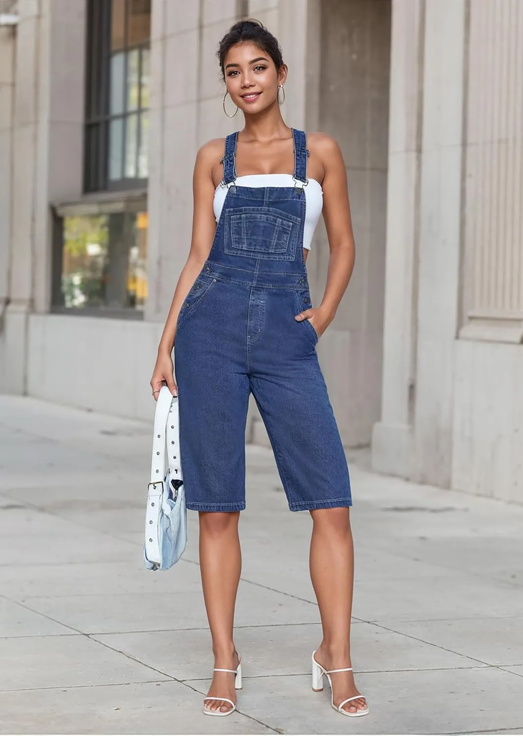 Hybrid & Company Womens Leisure Adjustable Straps Stretch Bermuda Denim jumpsuits Overalls
