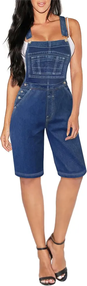 Hybrid & Company Womens Leisure Adjustable Straps Stretch Bermuda Denim jumpsuits Overalls
