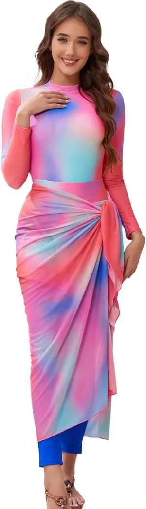 IDOPIP Muslim Burkini Swimsuit for Women's One Piece Swimsuit with Beach Skirt Cover up Sarong Pants Hijab 5PCS Bathing Suit