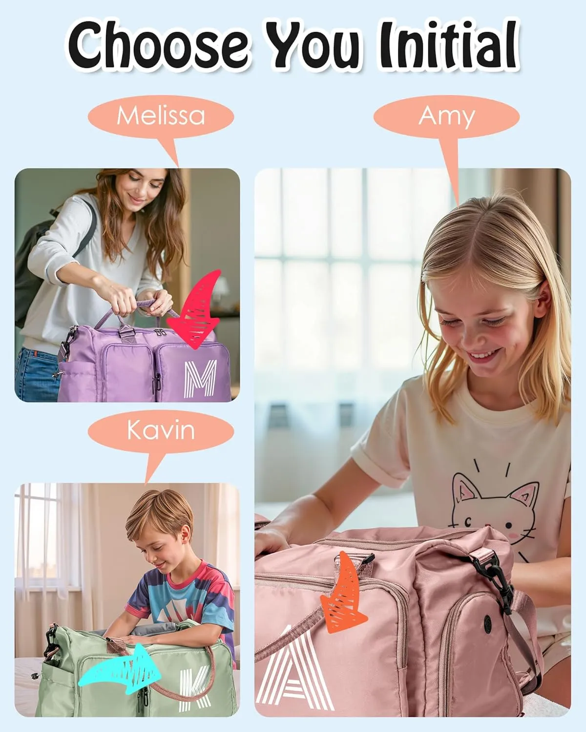 Initial Duffel Bag for Girls, Kids Travel Duffel Bag, Personalized Weekender Bag with Shoes Compartment, Monogram Overnight Bag Sleepover Bag Dance Bag, Girls Gifts for Kids Friends