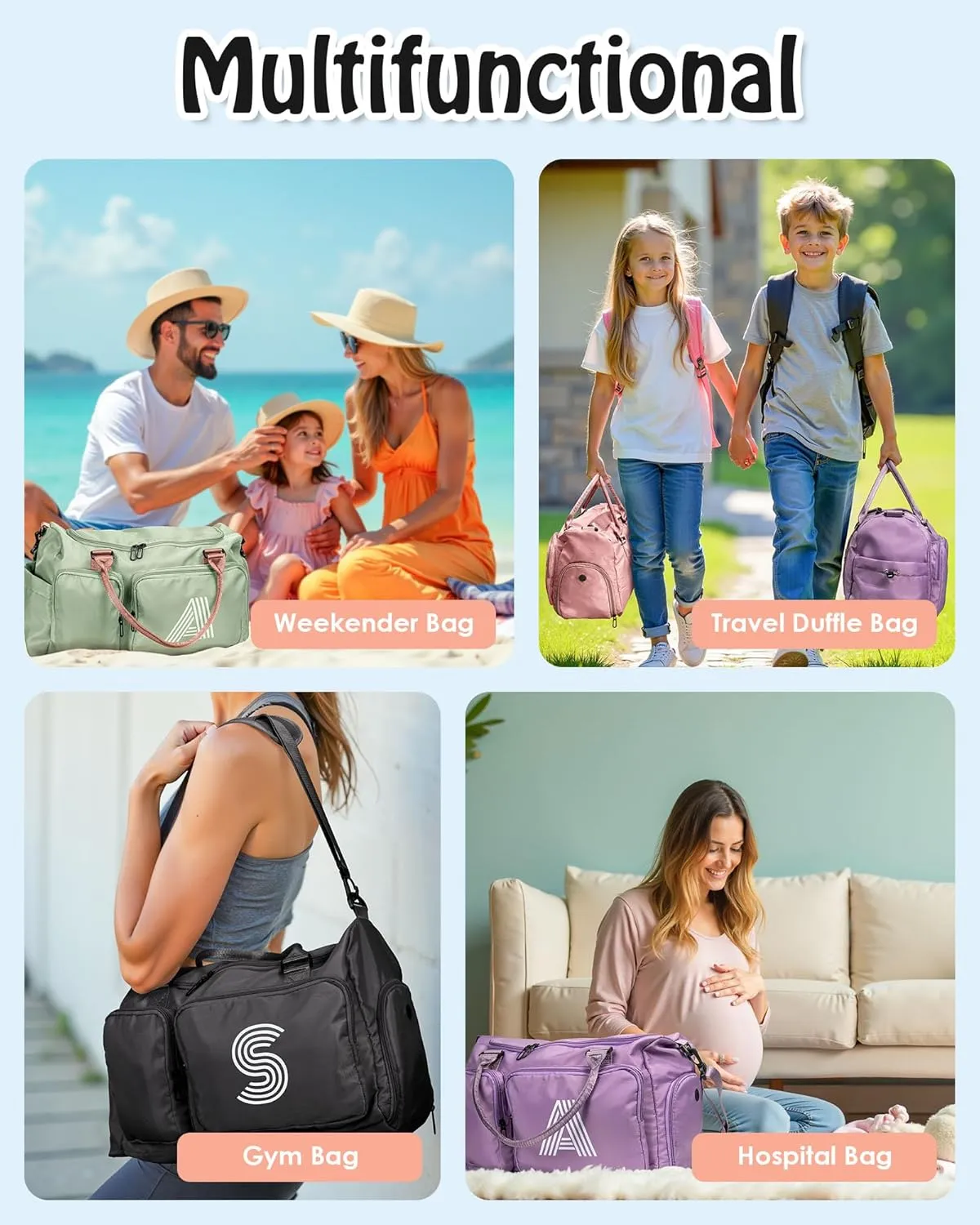 Initial Duffel Bag for Girls, Kids Travel Duffel Bag, Personalized Weekender Bag with Shoes Compartment, Monogram Overnight Bag Sleepover Bag Dance Bag, Girls Gifts for Kids Friends