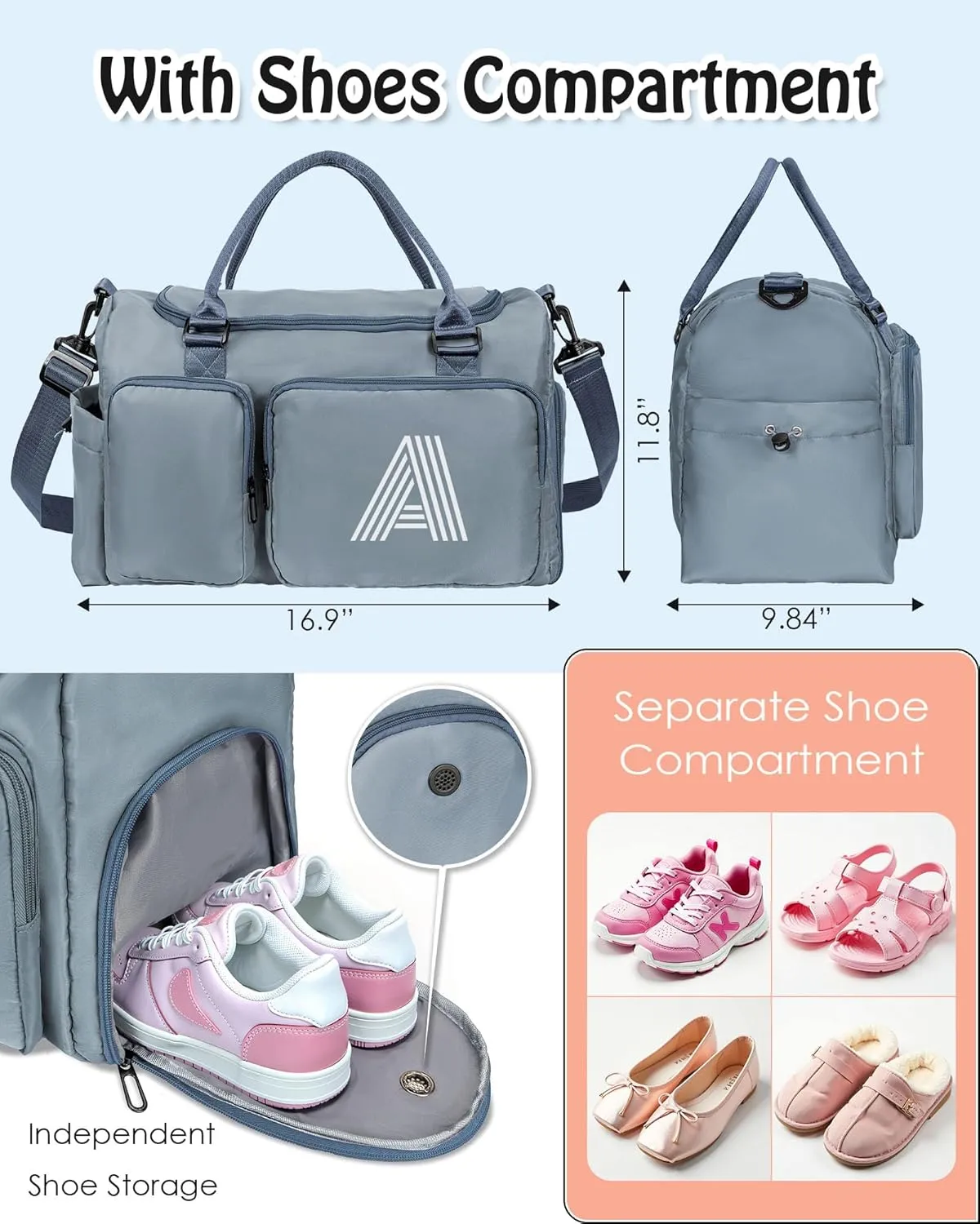 Initial Duffel Bag for Girls, Kids Travel Duffel Bag, Personalized Weekender Bag with Shoes Compartment, Monogram Overnight Bag Sleepover Bag Dance Bag, Girls Gifts for Kids Friends