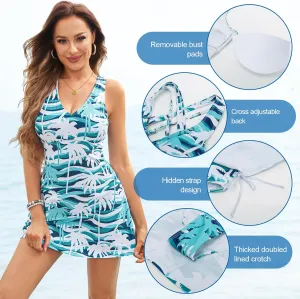JASAMBAC One Piece Swimdress Swimsuits for Women Tummy Control V Neck Skirt Swimwear A Line Print Bathing Suits