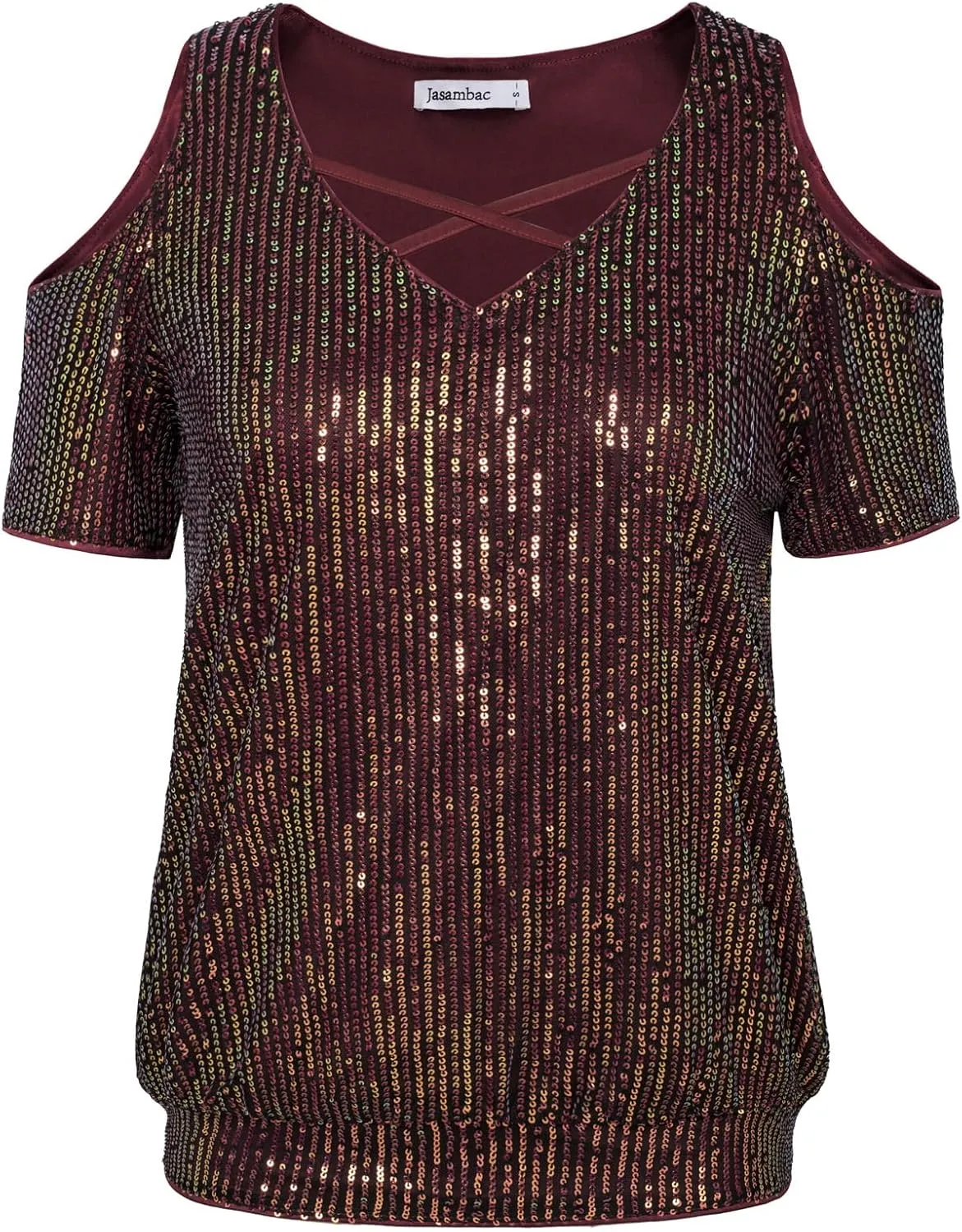 JASAMBAC Women's Sparkle Sequin Tops Shimmer Glitter Loose Cold Shoulder Party Tunic Batwing Dolman Dressy Tops