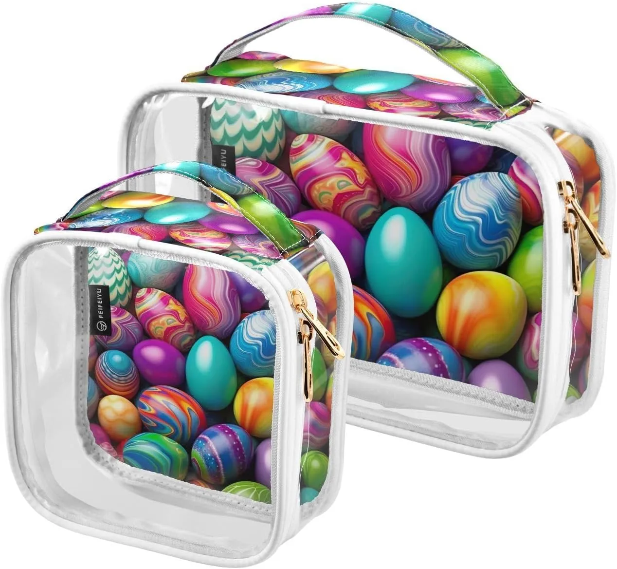 Joko Ivery Easter Eggs 2 Pieces Clear Makeup Cosmetic Toiletry Bags for Women Men PVC Portable Travel Storage Carry Pouch with Gold Zippers Travel Organizer for Traveling Vacation Bathroom Organizing