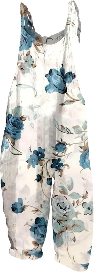 Jumpsuits for Women 2024 Summer Casual Spaghetti Strap Jumpsuit Vintage Printed Plus Size Rompers Wide Leg Overall