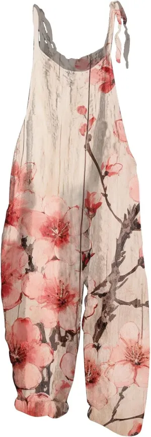 Jumpsuits for Women 2024 Summer Casual Spaghetti Strap Jumpsuit Vintage Printed Plus Size Rompers Wide Leg Overall
