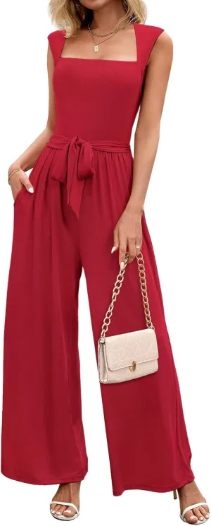 Jumpsuits for Women Dressy Square Neck Sleeveless Casual Belted Wide Leg Pants Elegant One Piece Long Rompers Wine Red M