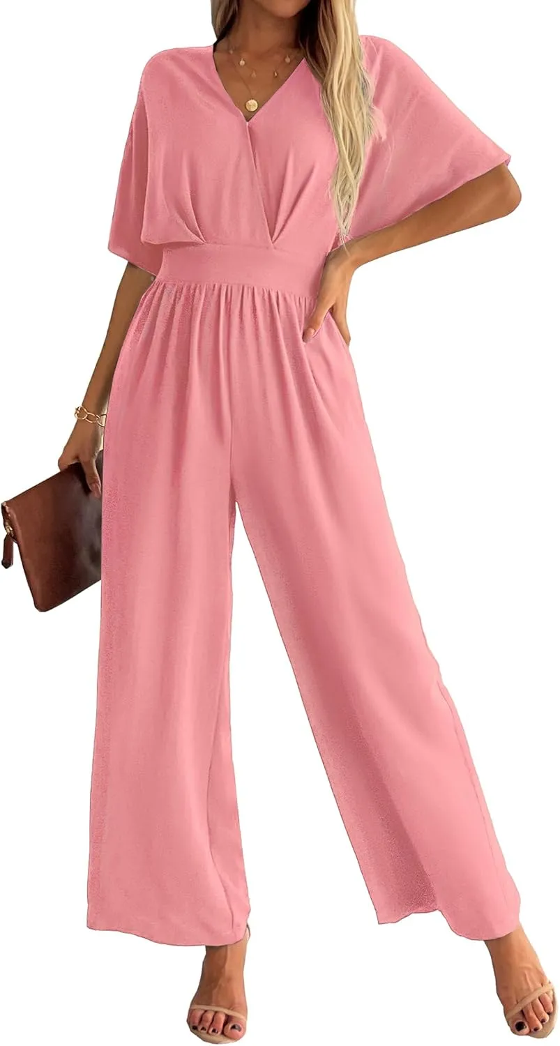 Jumpsuits for Women V Neck Elegant Dressy Casual One Piece Romper Batwing Sleeve Wide Leg Jumpsuit Outfits Pink L