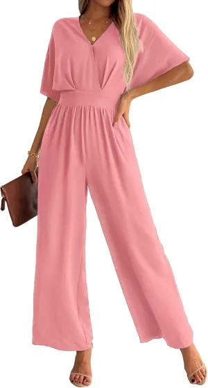 Jumpsuits for Women V Neck Elegant Dressy Casual One Piece Romper Batwing Sleeve Wide Leg Jumpsuit Outfits Pink L