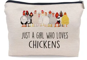 Just A Girl Who Loves Chickens Cute Cartoon Chicken Hen Makeup Bag Make up Cosmetic Bag Small Zipper Pouch,Birthday Gifts for Chicken Lovers Farm Girls Women