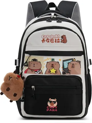 Kawaii Capybara Large Capacity Pink Backpack for Women Waterproof Laptop Casual Daypack with Accessories for Travel (Black)