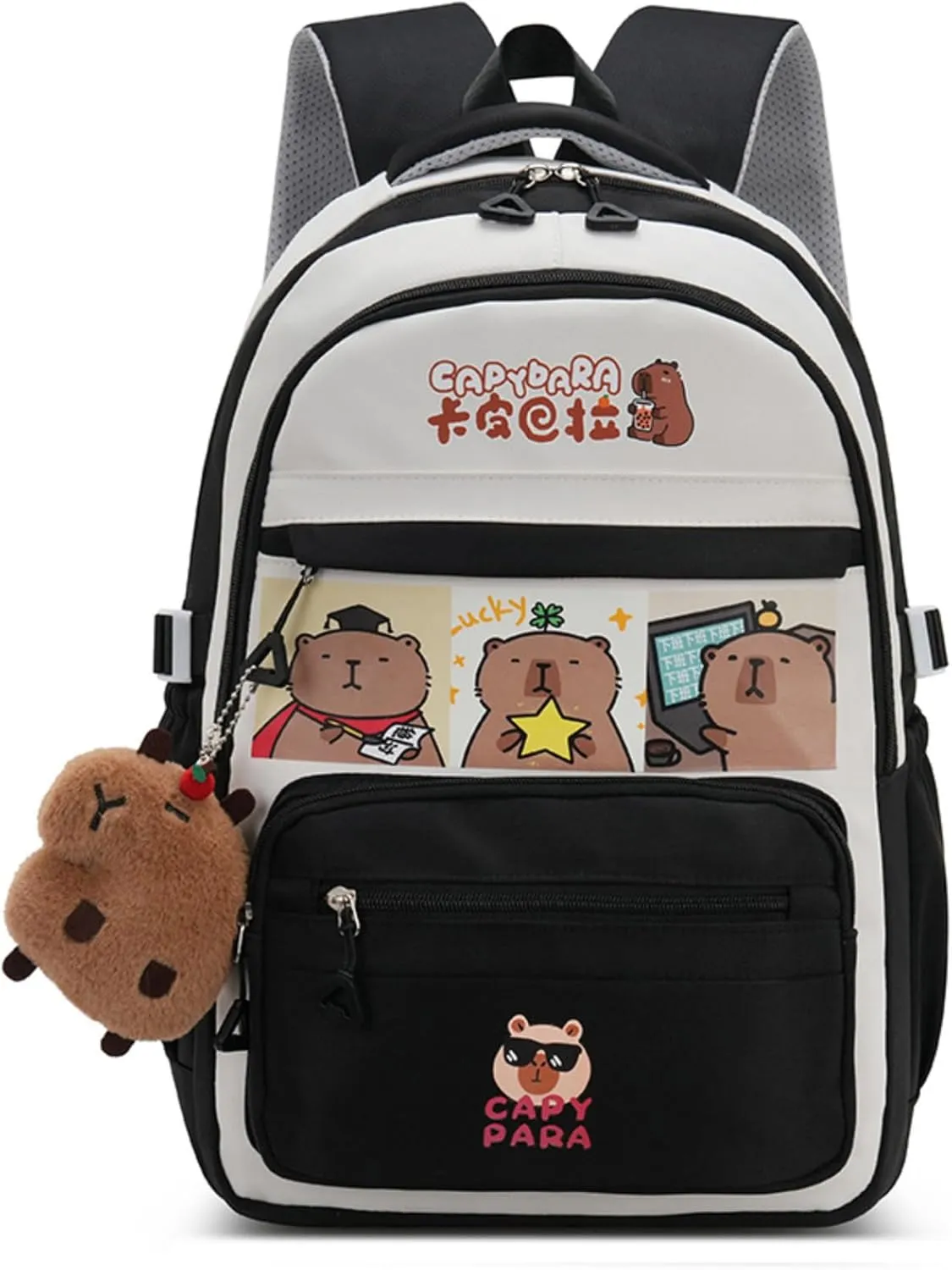 Kawaii Capybara Large Capacity Pink Backpack for Women Waterproof Laptop Casual Daypack with Accessories for Travel (Black)