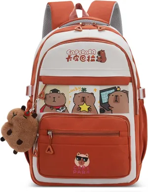Kawaii Capybara Large Capacity Pink Backpack for Women Waterproof Laptop Casual Daypack with Accessories for Travel (Orange)