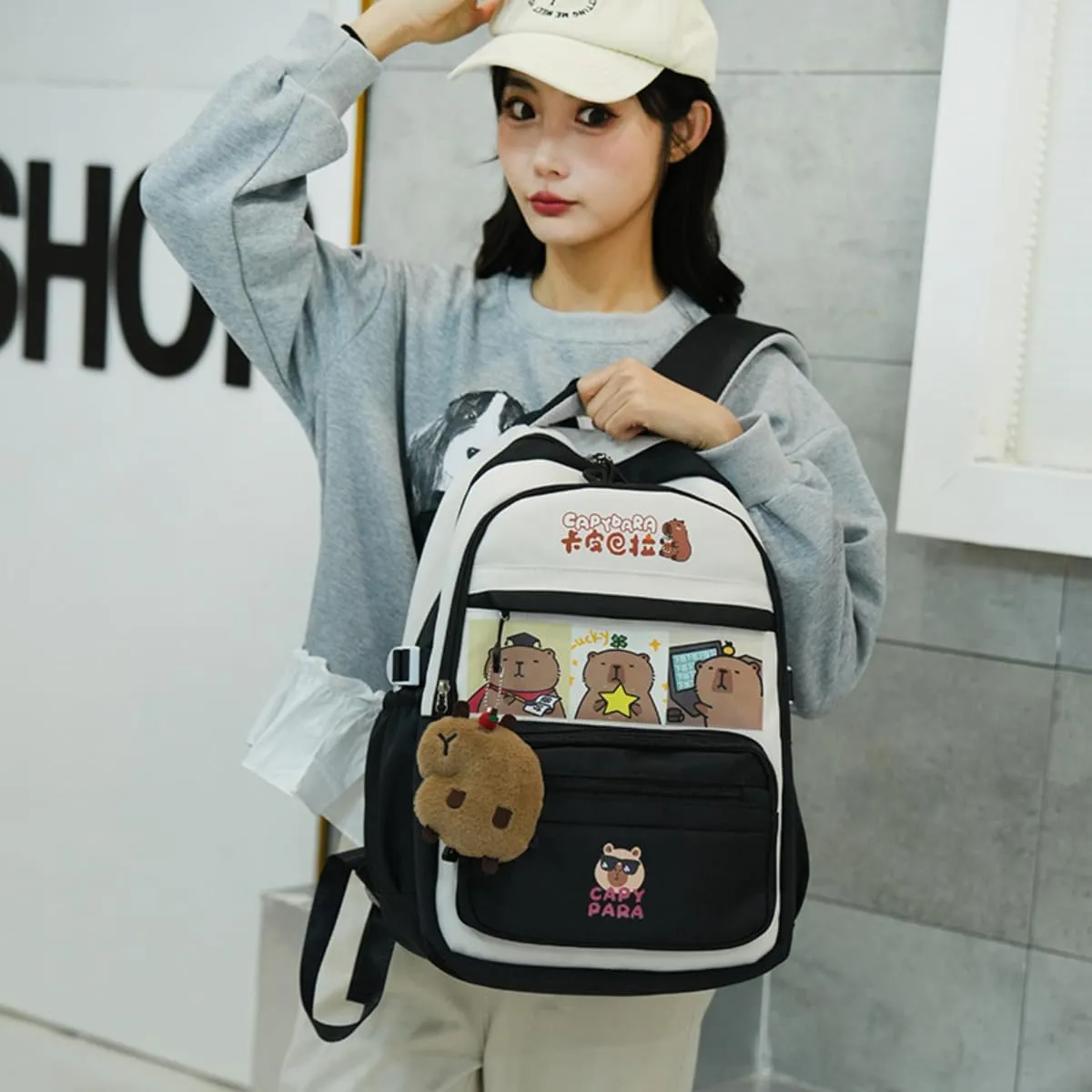 Kawaii Capybara Large Capacity Pink Backpack for Women Waterproof Laptop Casual Daypack with Accessories for Travel (Red)
