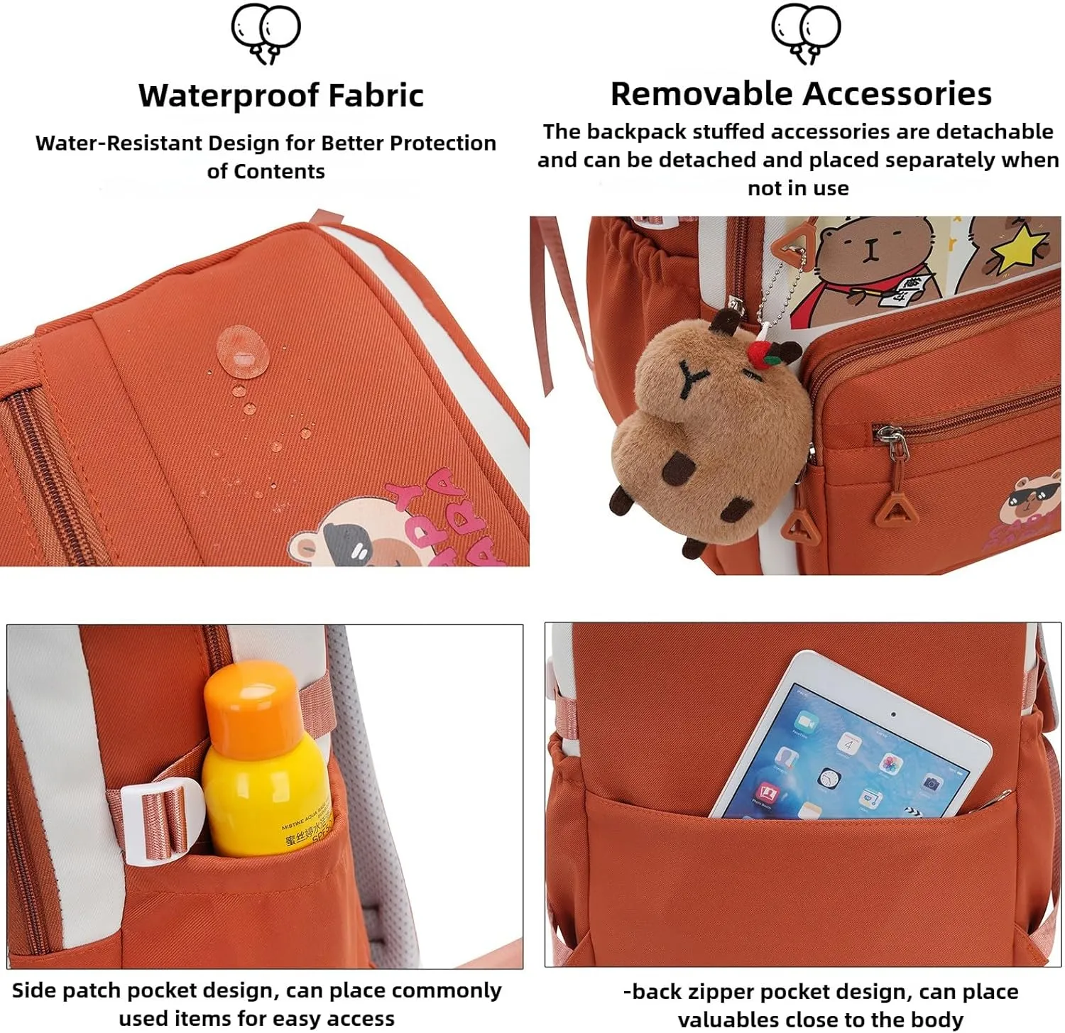 Kawaii Capybara Large Capacity Pink Backpack for Women Waterproof Laptop Casual Daypack with Accessories for Travel (Red)