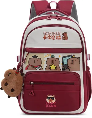 Kawaii Capybara Large Capacity Pink Backpack for Women Waterproof Laptop Casual Daypack with Accessories for Travel (Red)