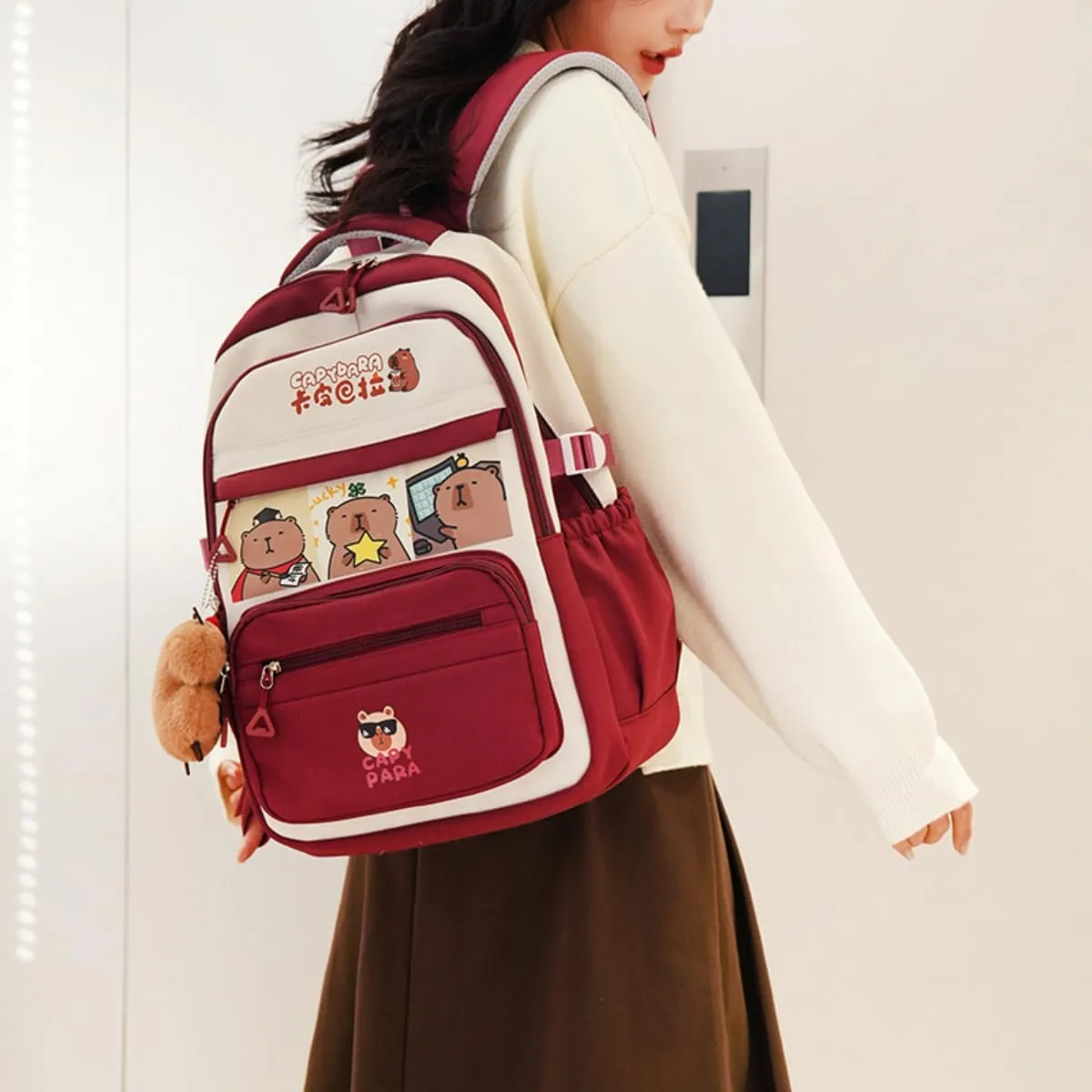 Kawaii Capybara Large Capacity Pink Backpack for Women Waterproof Laptop Casual Daypack with Accessories for Travel (Red)