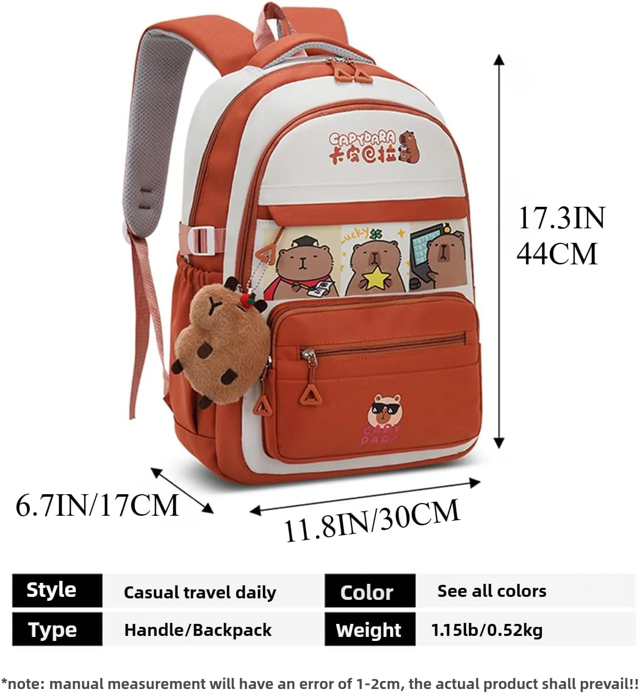 Kawaii Capybara Large Capacity Pink Backpack for Women Waterproof Laptop Casual Daypack with Accessories for Travel (Red)