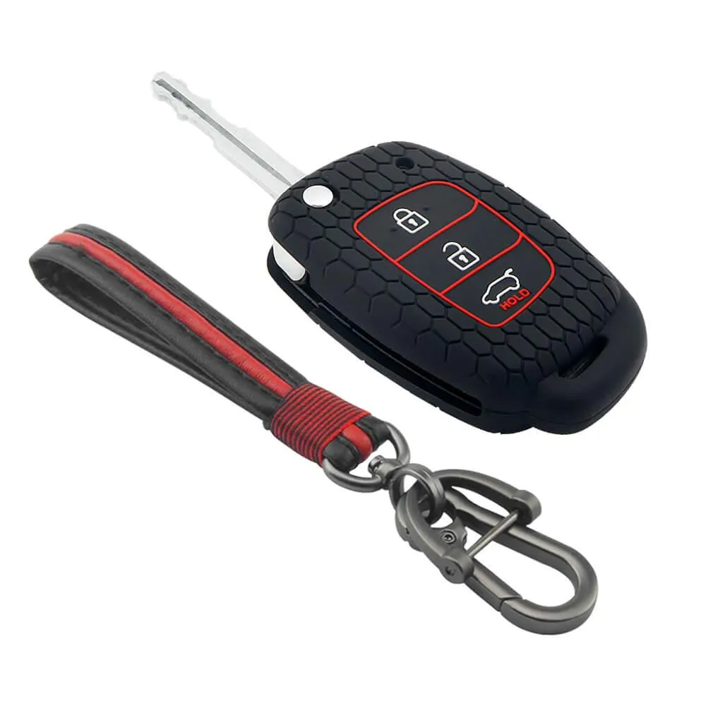 Keycare silicone key cover and keychain fit for : Creta, I20 2020, I20 Elite, I20 Active, Grand I10, Aura, Xcent 19 Onwards, Venue flip key (KC-10, Full leather keychain)