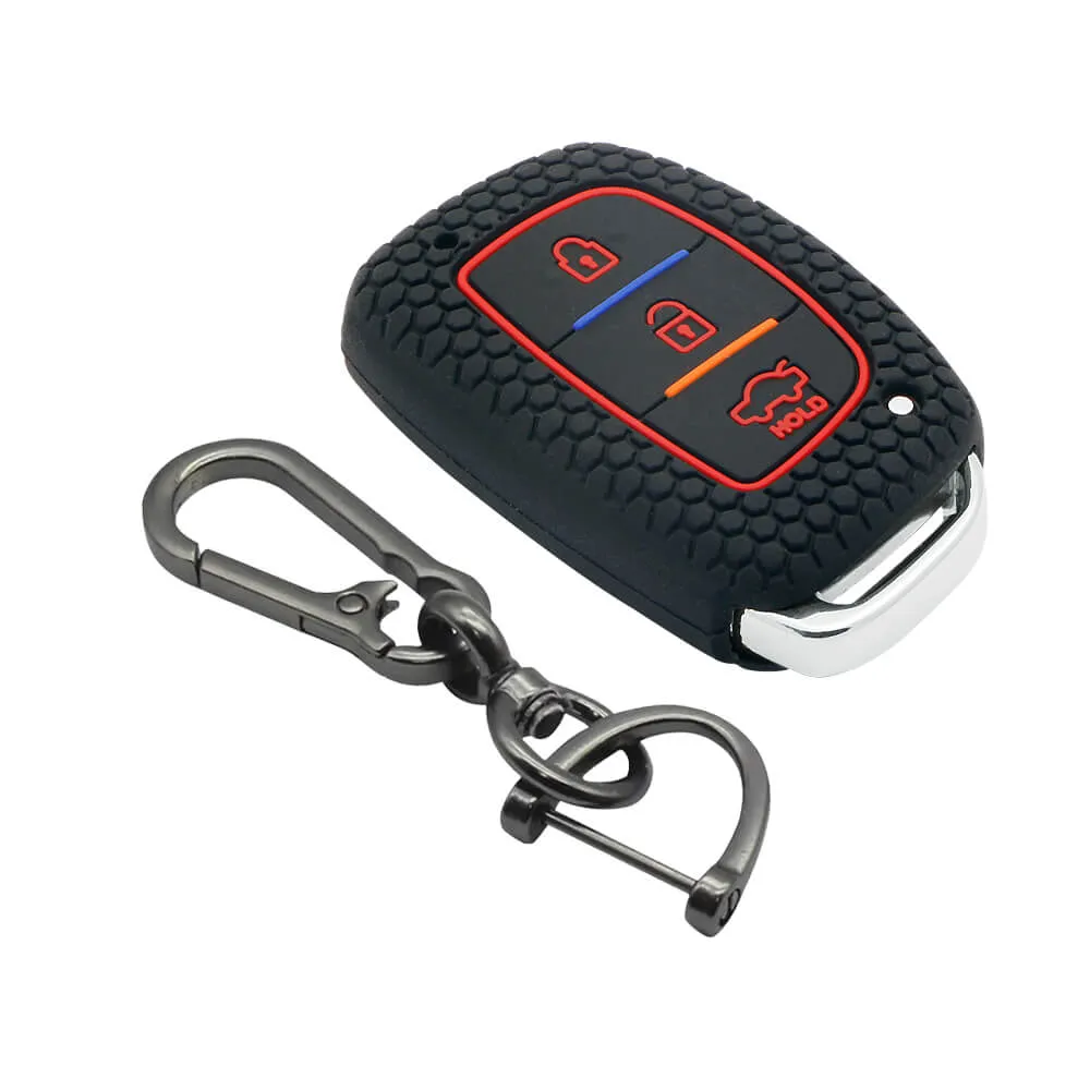 Keycare silicone key cover and keychain fit for : Exter, Creta, Elite I20, Active I20, Aura, Verna 4s, Xcent, Tucson, Elantra 3 button smart key (KC-07, Zinc Alloy)