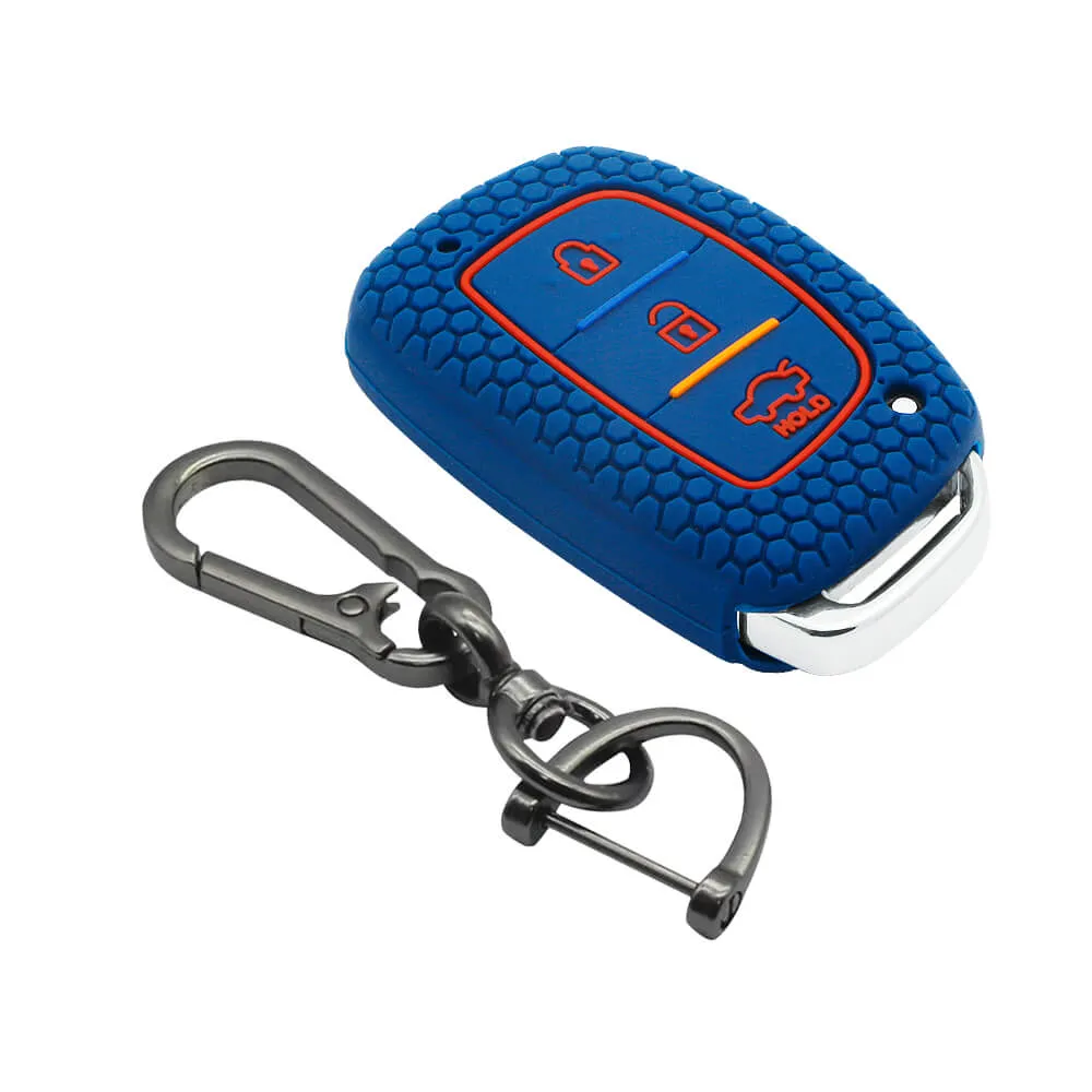 Keycare silicone key cover and keychain fit for : Exter, Creta, Elite I20, Active I20, Aura, Verna 4s, Xcent, Tucson, Elantra 3 button smart key (KC-07, Zinc Alloy)