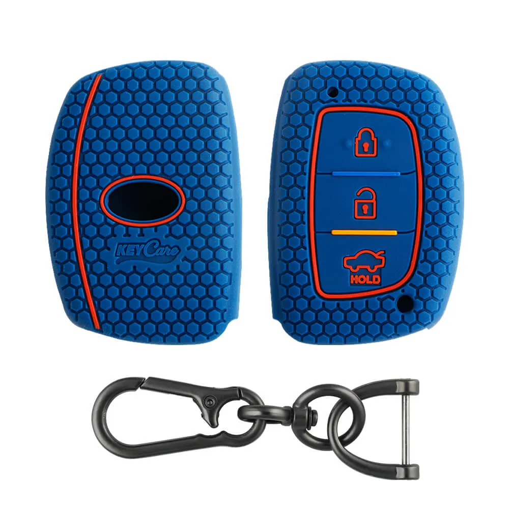 Keycare silicone key cover and keychain fit for : Exter, Creta, Elite I20, Active I20, Aura, Verna 4s, Xcent, Tucson, Elantra 3 button smart key (KC-07, Zinc Alloy)
