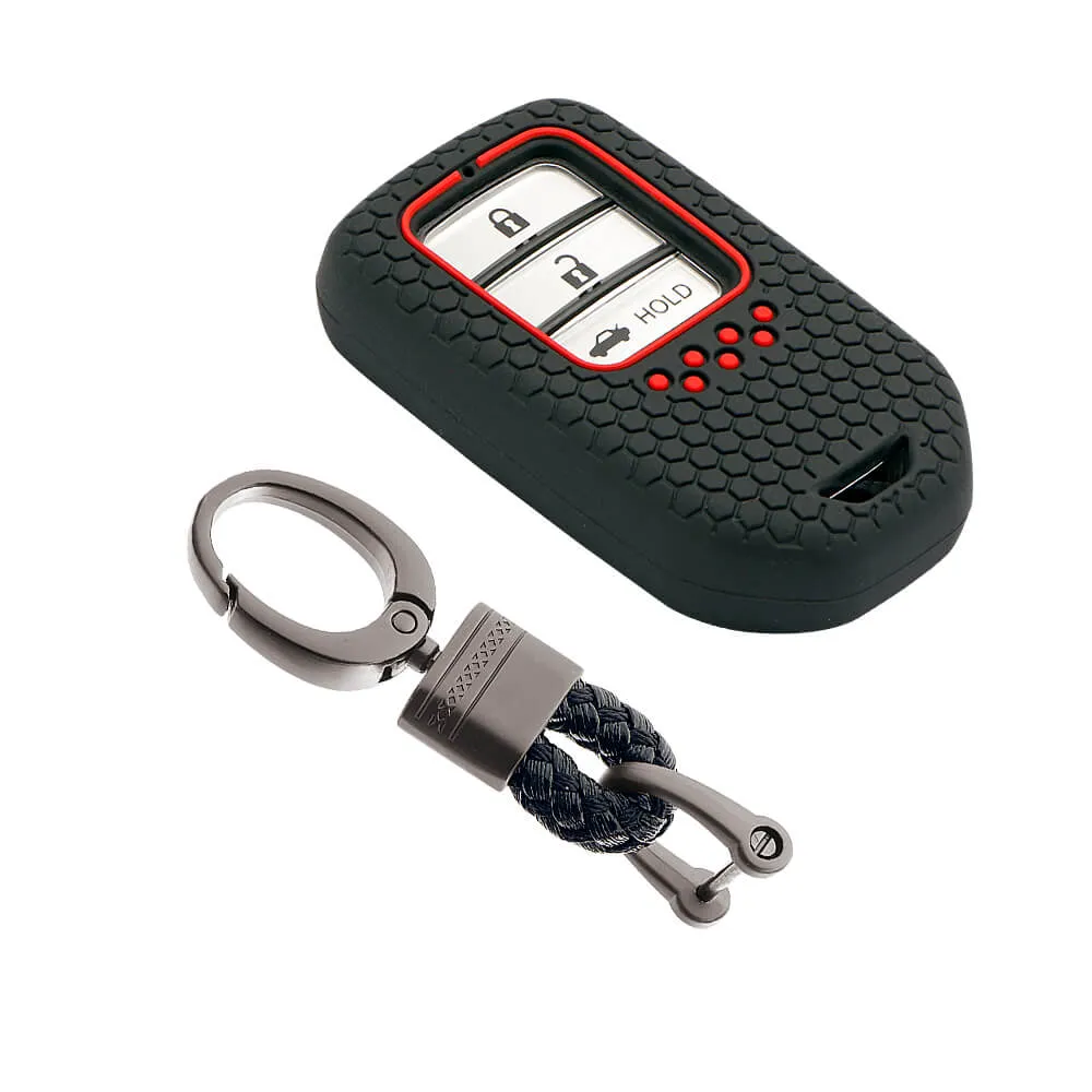 Keycare silicone key cover and keychain fit for : Honda City, Elevate, Civic, Jazz, Brio, Amaze, CR-V, WR-V, BR-V, Mobilio, Accord 2b/3b/4b/5b Smart Key (KC-24, Alloy keychain black)