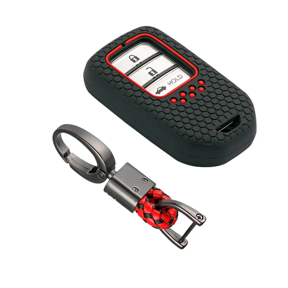 Keycare silicone key cover and keychain fit for : Honda City, Elevate, Civic, Jazz, Brio, Amaze, CR-V, WR-V, BR-V, Mobilio, Accord 2b/3b/4b/5b Smart Key (KC-24, Alloy keychain black)