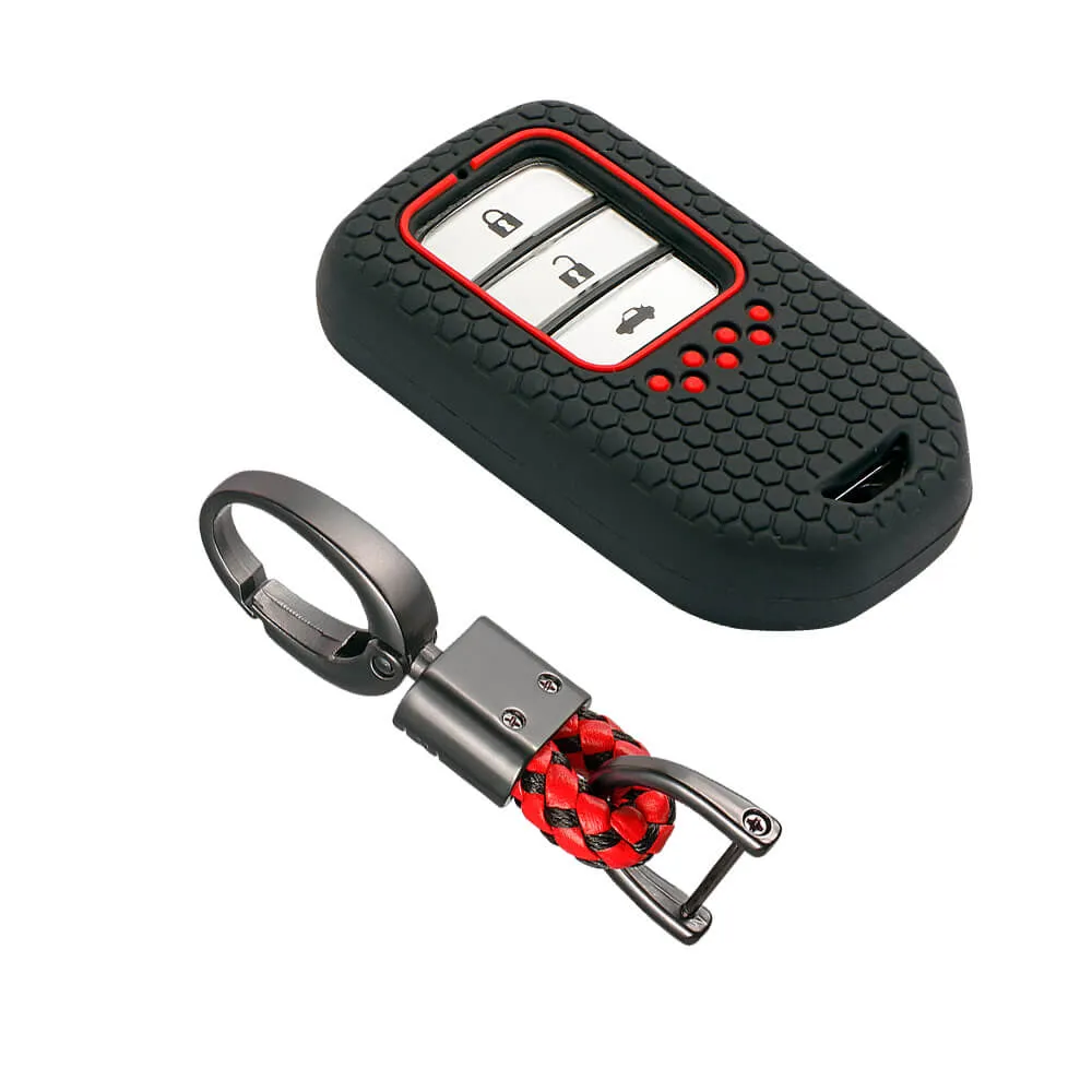 Keycare silicone key cover and keychain fit for : Honda City, Elevate, Civic, Jazz, Brio, Amaze, CR-V, WR-V, BR-V, Mobilio, Accord 2b/3b/4b/5b Smart Key (KC-24, Alloy keychain black)