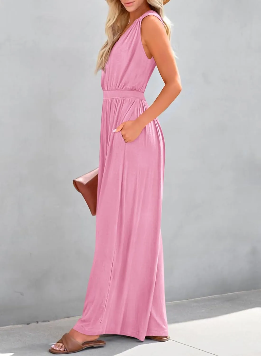 KIRUNDO Jumpsuits For Women Summer Dressy Casual One Piece Sleeveless Wrap V Neck Wide Leg Pants Romper With Pockets