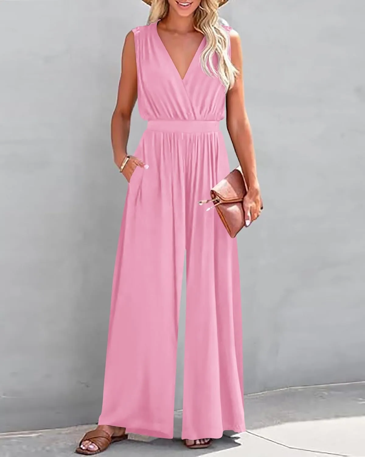 KIRUNDO Jumpsuits For Women Summer Dressy Casual One Piece Sleeveless Wrap V Neck Wide Leg Pants Romper With Pockets