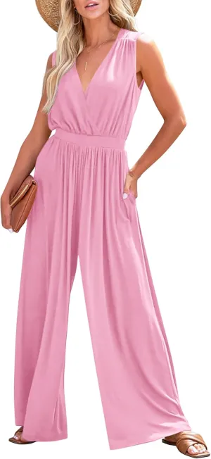 KIRUNDO Jumpsuits For Women Summer Dressy Casual One Piece Sleeveless Wrap V Neck Wide Leg Pants Romper With Pockets